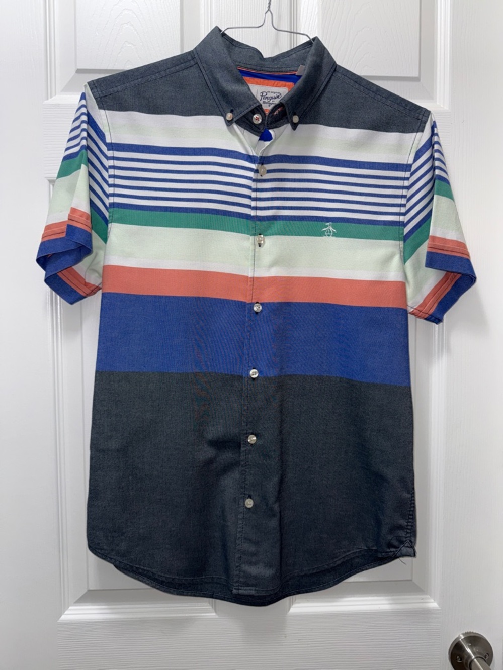 Original Penguin Men’s Short Sleeve Striped Button-Down Shirt - Navy/Multi